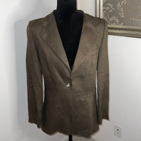 525 AMERICA olive green 100% Linen long sleeves single front button blazer Sz S - Picture 3 of 10